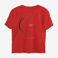 Oztra Nocturne red oversized tee, front view showing the Nocturne print