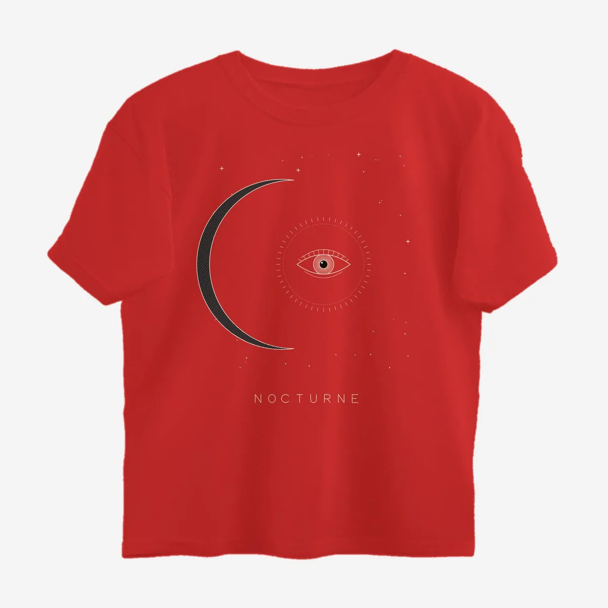 Oztra Nocturne red oversized tee, front view showing the Nocturne print