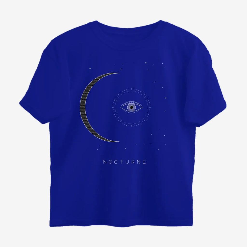 Oztra Nocturne royal blue oversized tee, front view showing the Nocturne print
