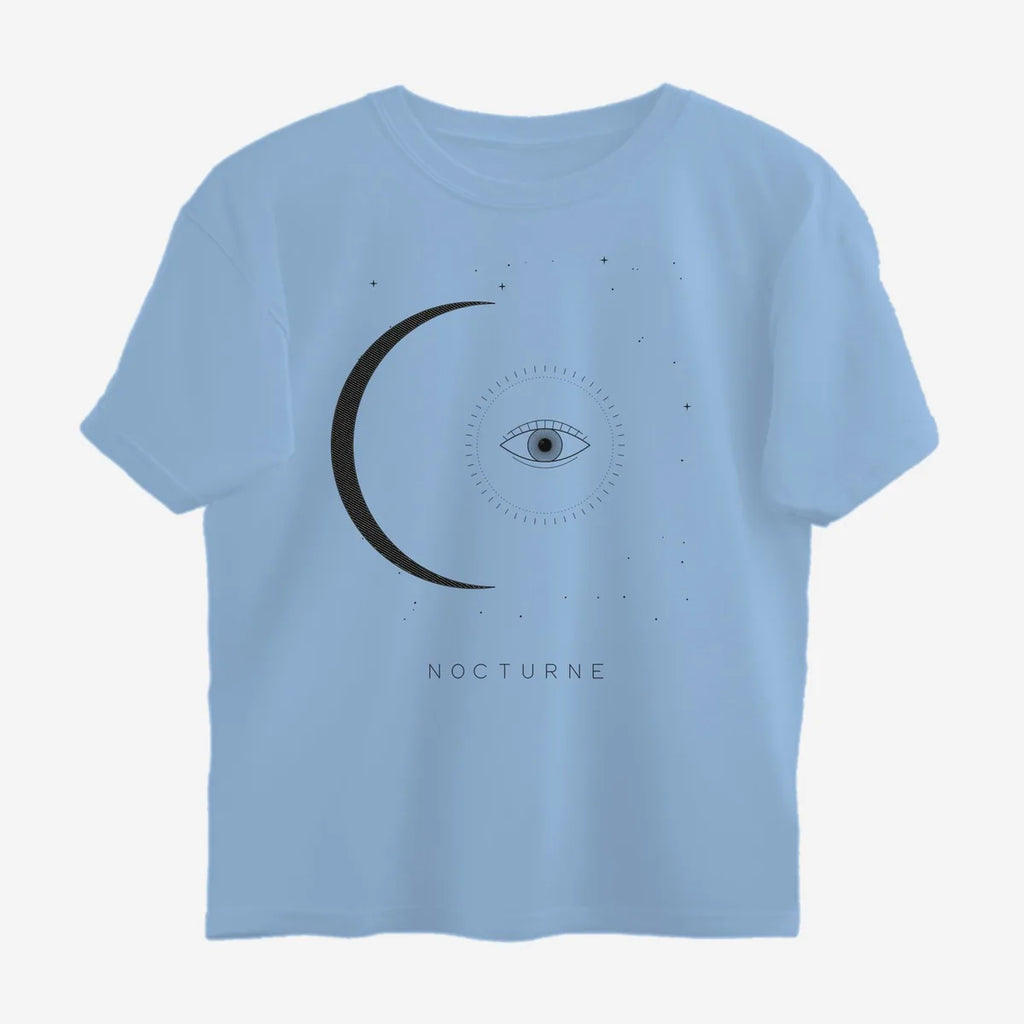 Oztra Nocturne sky blue oversized tee, front view showing the Nocturne print
