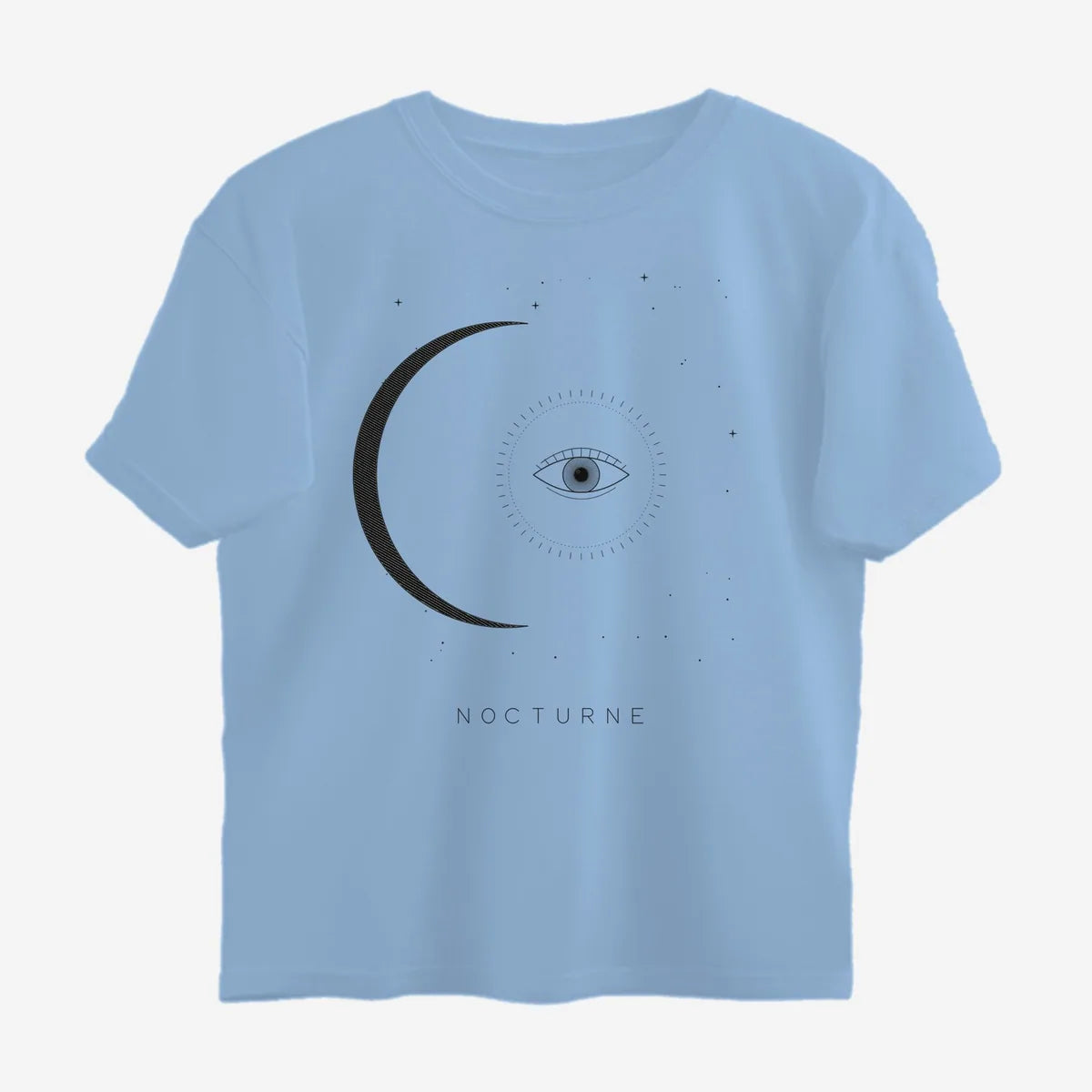 Oztra Nocturne sky blue oversized tee, front view showing the Nocturne print