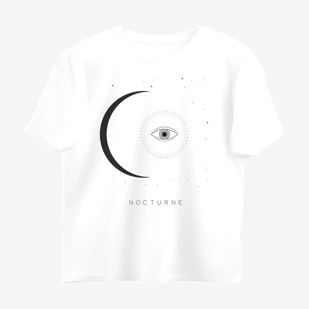 Oztra Nocturne white oversized tee, front view showing the Nocturne print