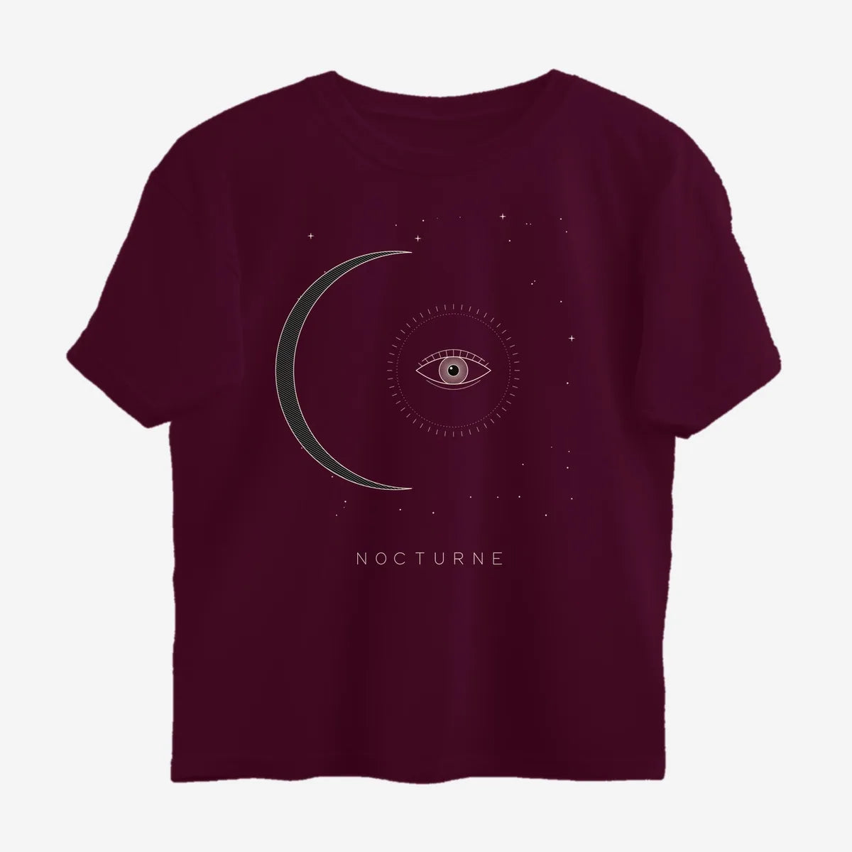 Oztra Nocturne wine oversized tee, front view showing the Nocturne print