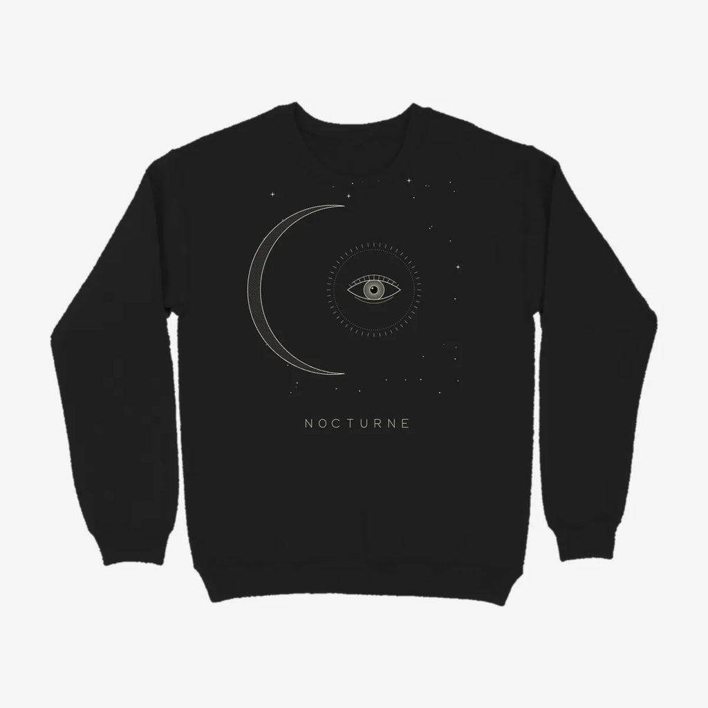 Oztra Nocturne black sweatshirt, front view showing the Nocturne print