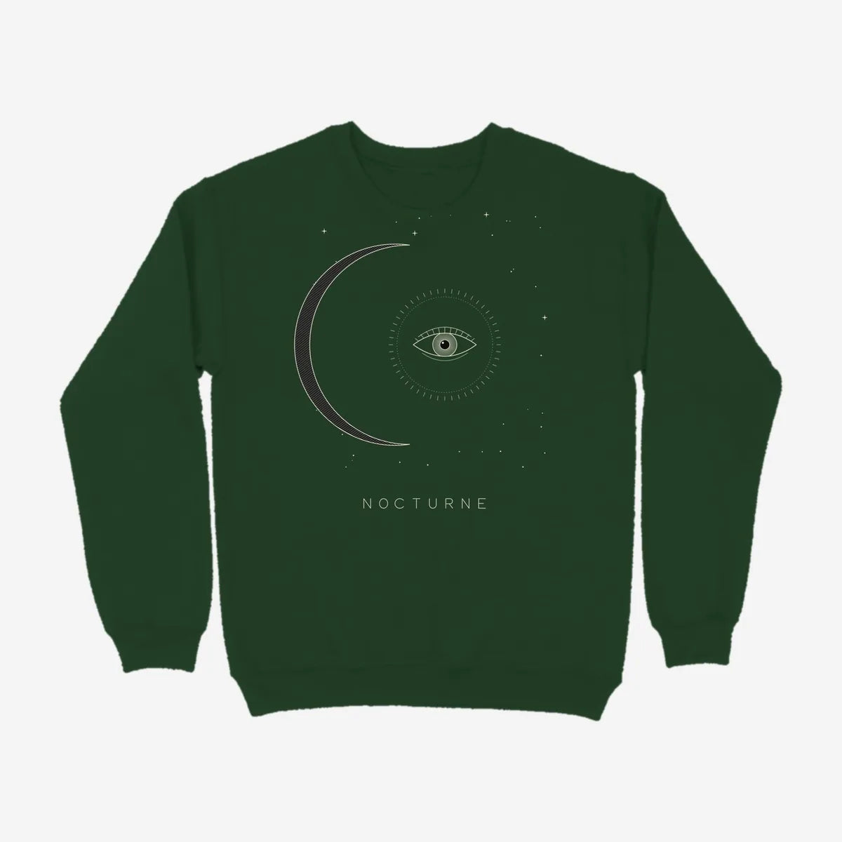Oztra Nocturne bottle green sweatshirt, front view showing the Nocturne print