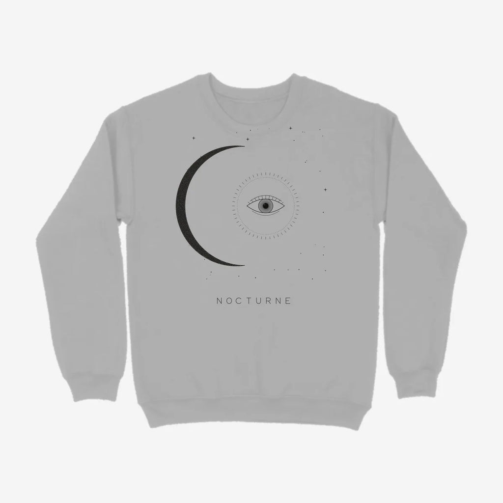 Oztra Nocturne grey melange sweatshirt, front view showing the Nocturne print