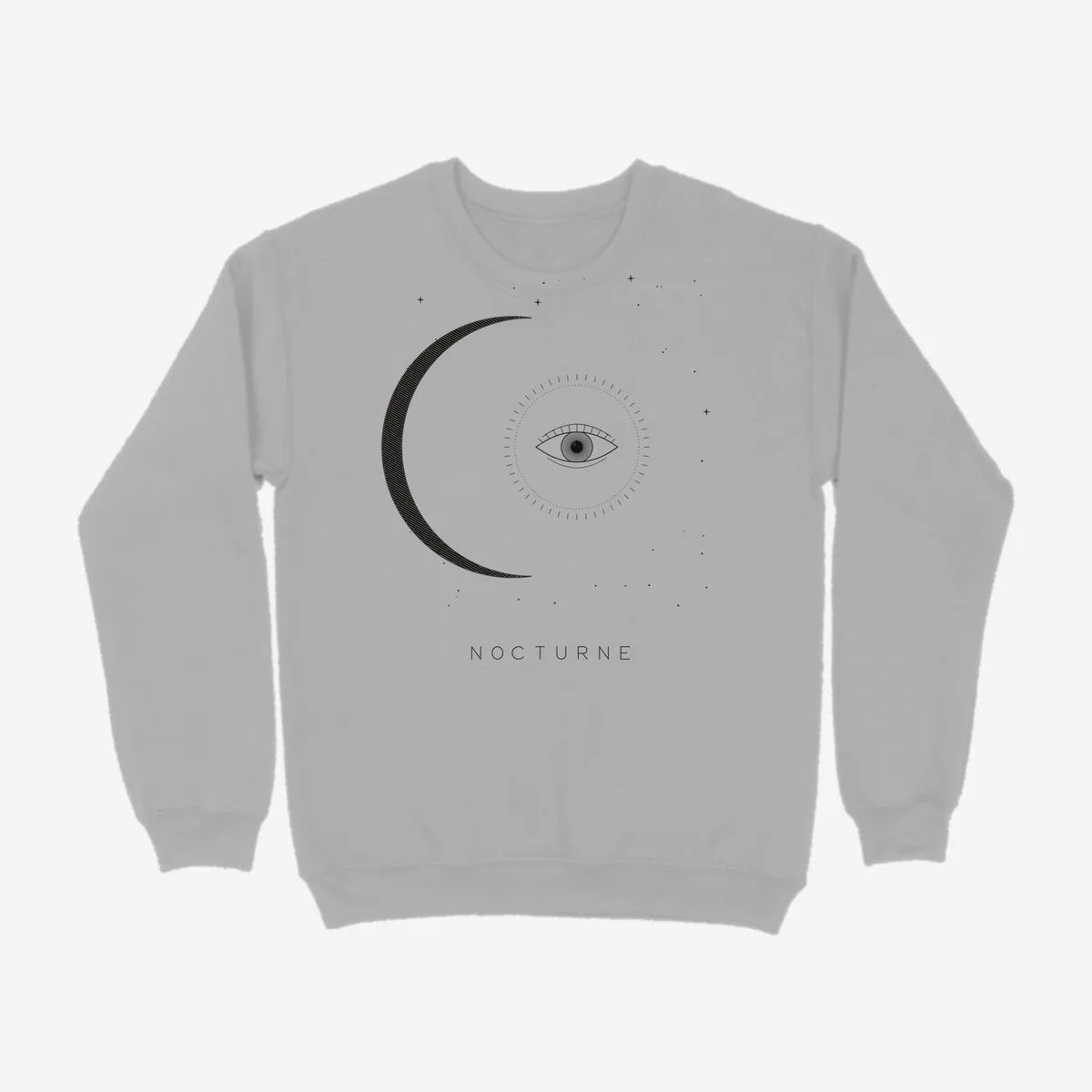 Oztra Nocturne grey melange sweatshirt, front view showing the Nocturne print