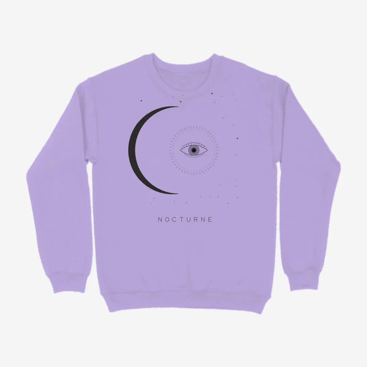 Oztra Nocturne lavender sweatshirt, front view showing the Nocturne print