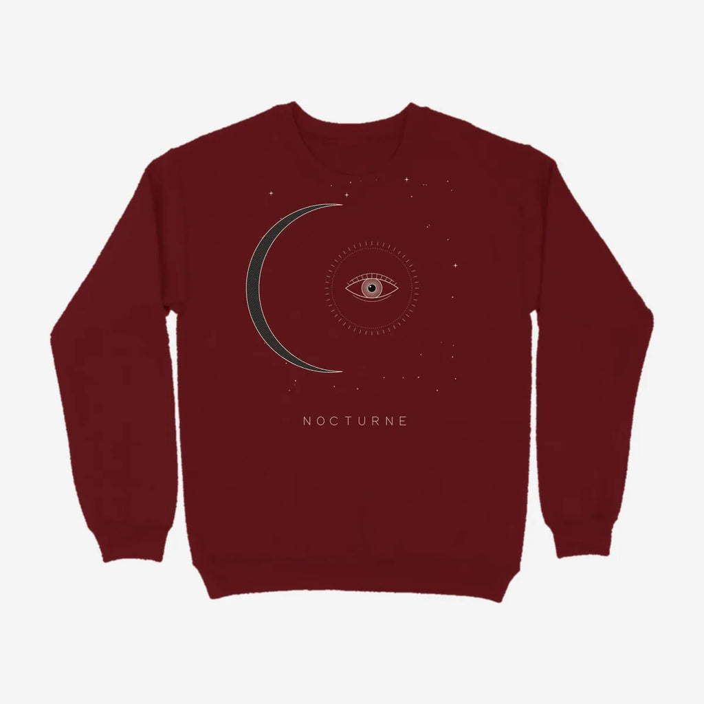 Oztra Nocturne maroon sweatshirt, front view showing the Nocturne print