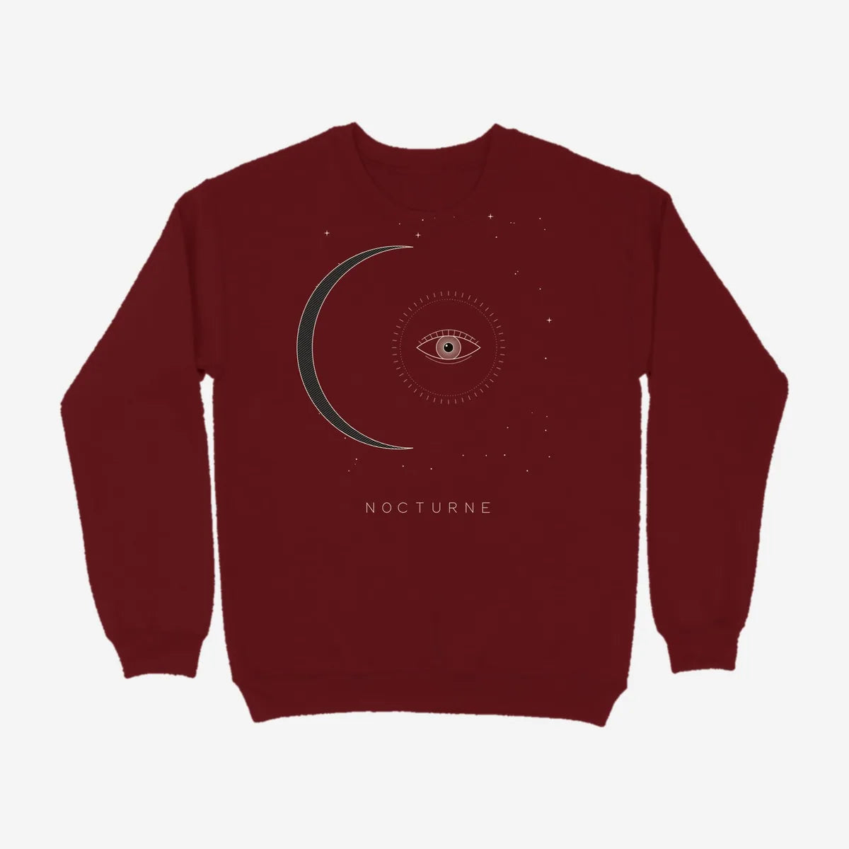 Oztra Nocturne maroon sweatshirt, front view showing the Nocturne print