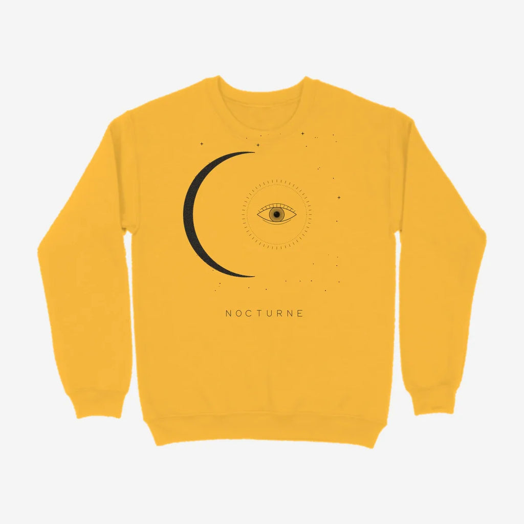Oztra Nocturne mustard sweatshirt, front view showing the Nocturne print