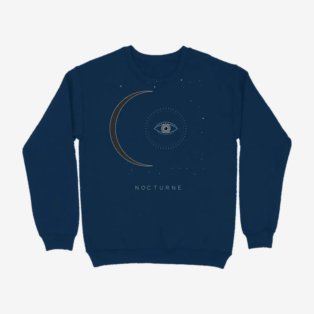 Oztra Nocturne navy sweatshirt, front view showing the Nocturne print