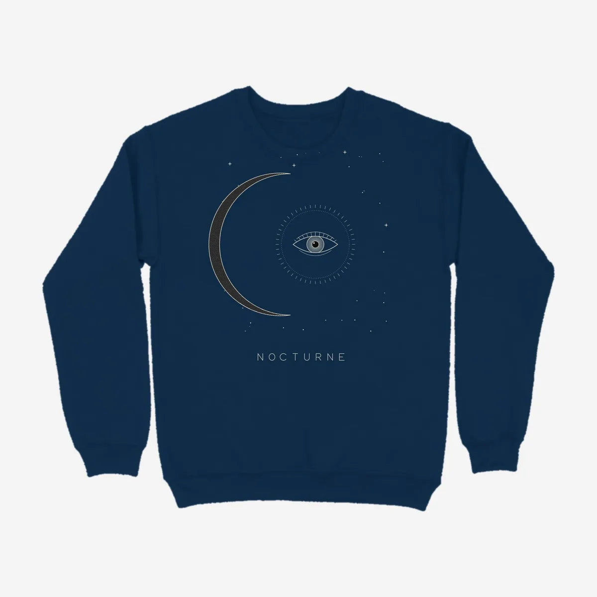 Oztra Nocturne navy sweatshirt, front view showing the Nocturne print