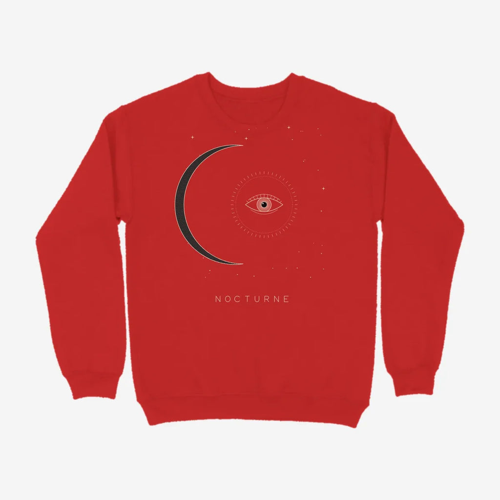 Oztra Nocturne red sweatshirt, front view showing the Nocturne print