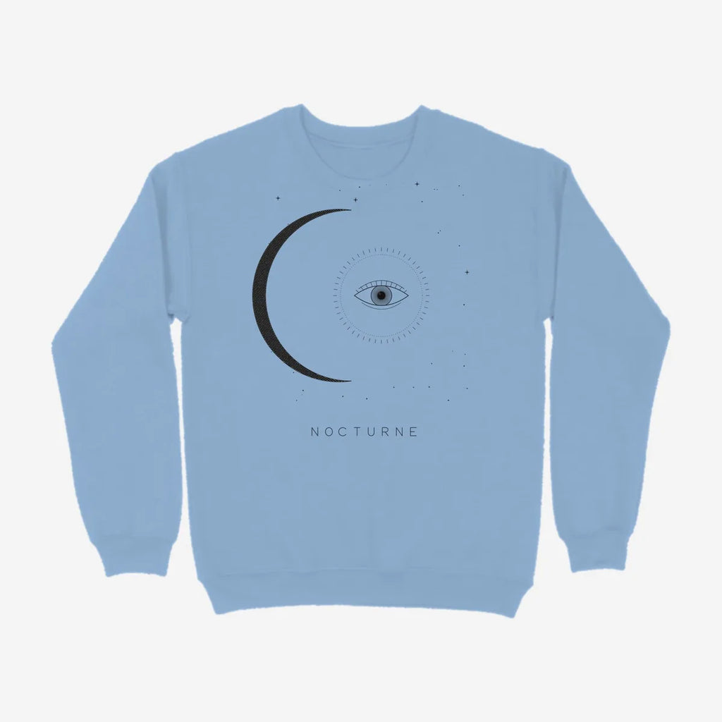 Oztra Nocturne sky blue sweatshirt, front view showing the Nocturne print