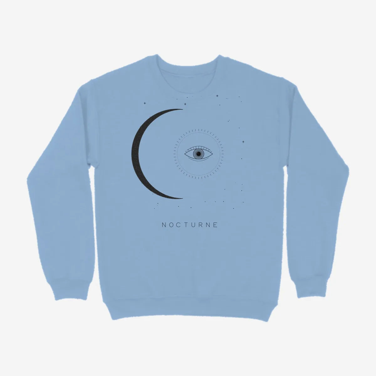 Oztra Nocturne sky blue sweatshirt, front view showing the Nocturne print