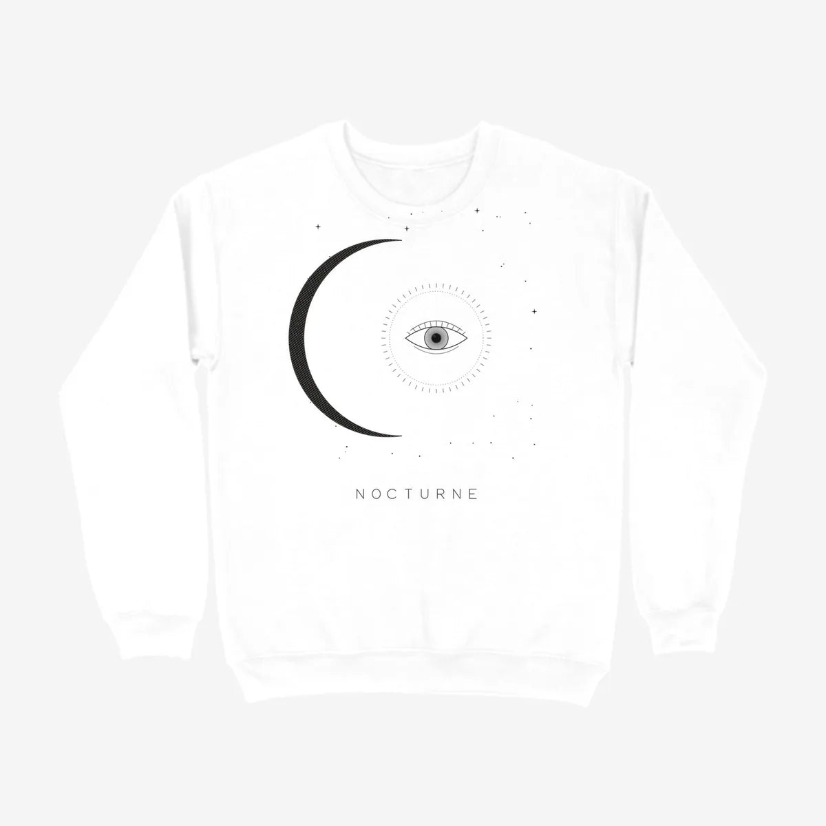 Oztra Nocturne white sweatshirt, front view showing the Nocturne print