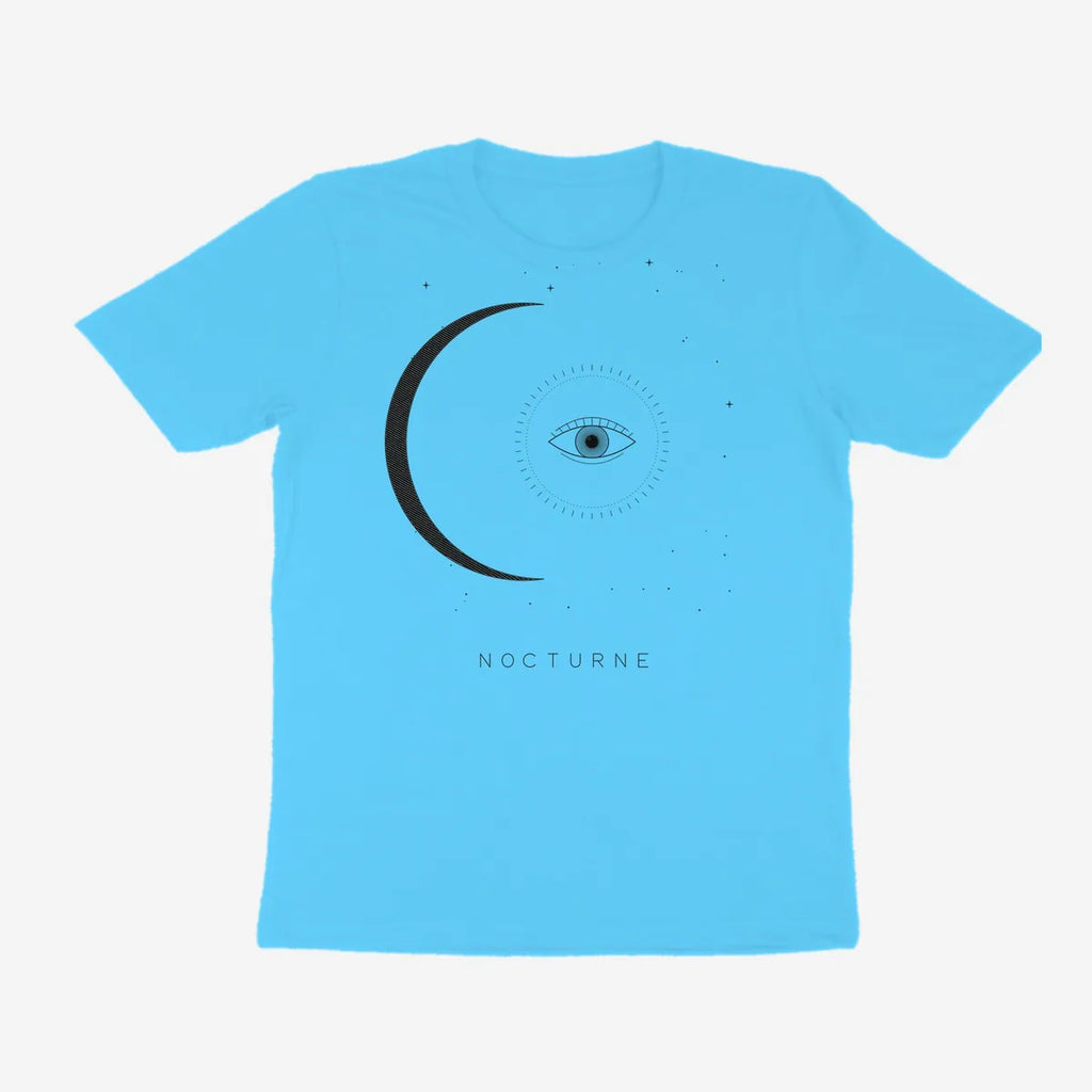 Oztra Nocturne aqua blue tee, front view showing the Nocturne print