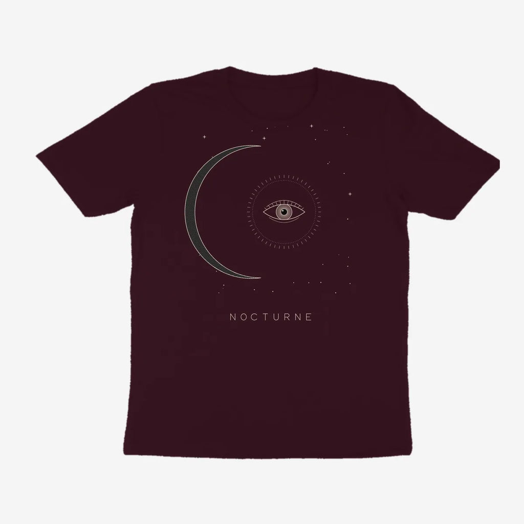 Oztra Nocturne aubergine tee, front view showing the Nocturne print