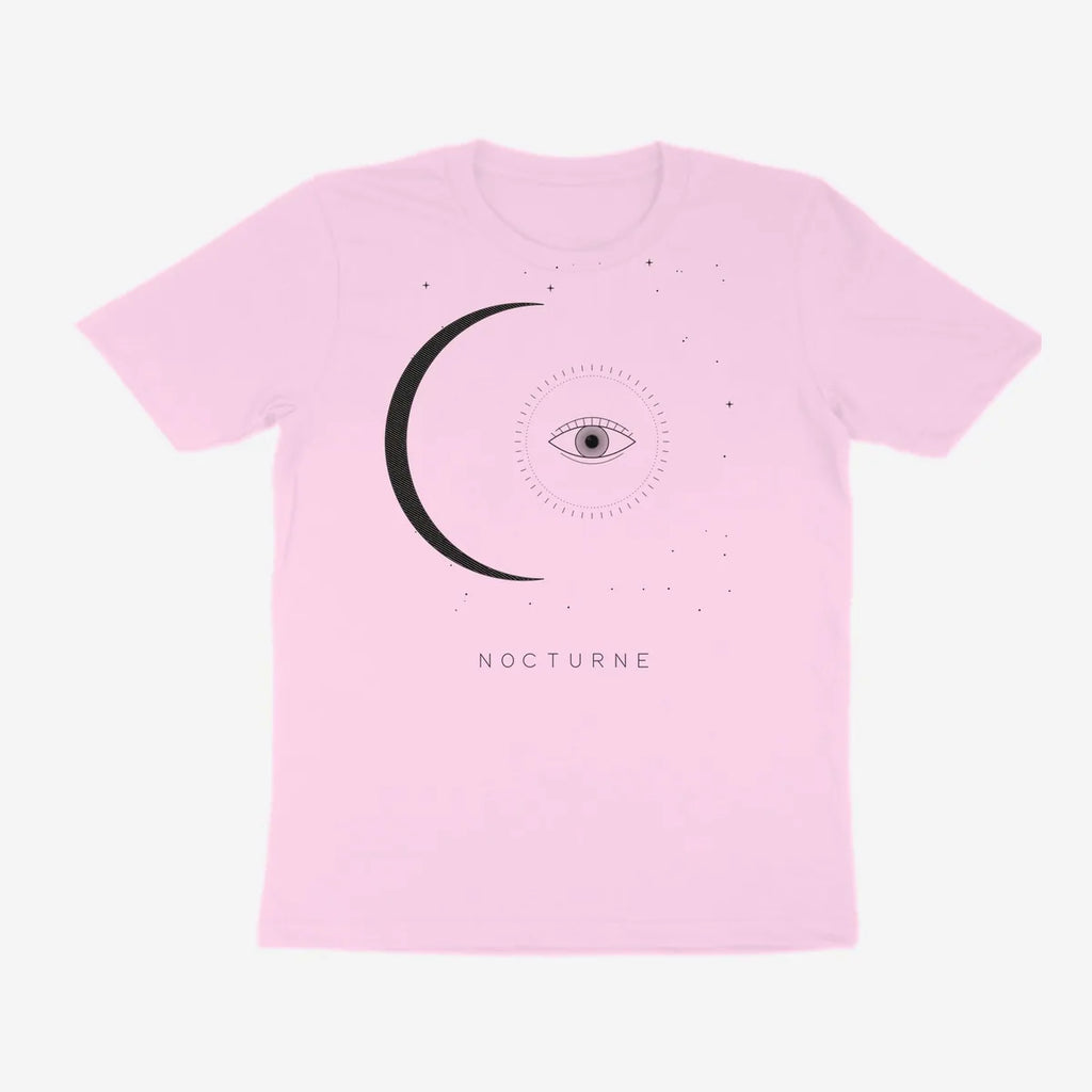 Oztra Nocturne baby pink tee, front view showing the Nocturne print
