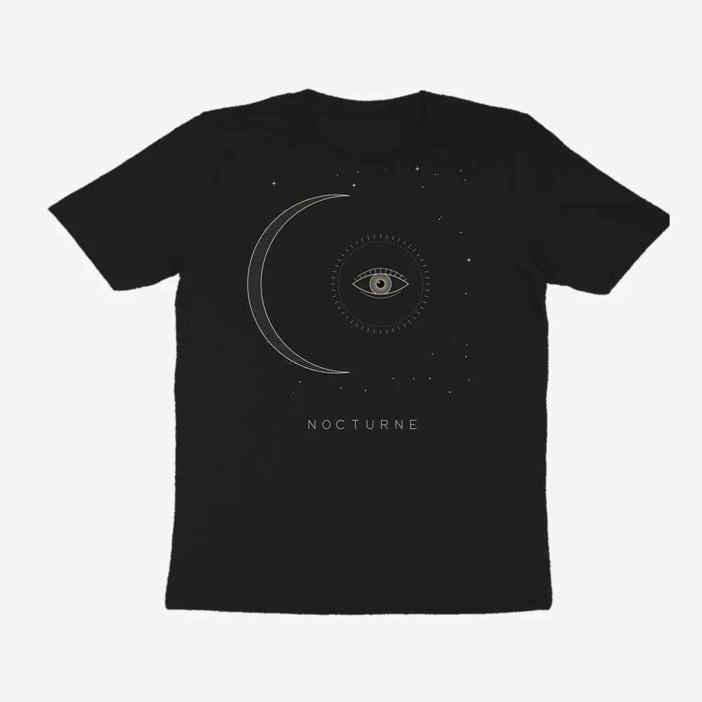 Oztra Nocturne black tee, front view showing the Nocturne print