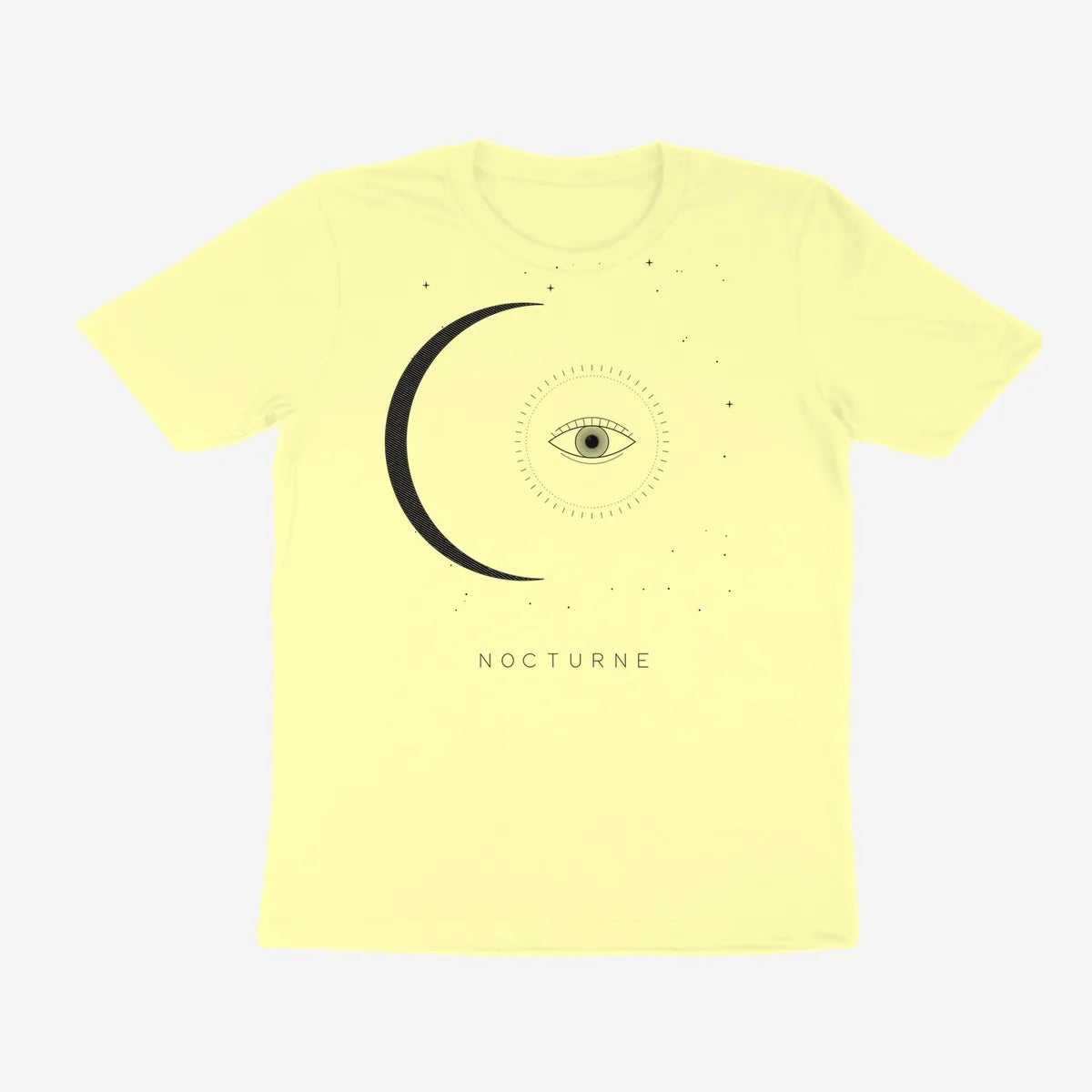 Oztra Nocturne butter yellow tee, front view showing the Nocturne print