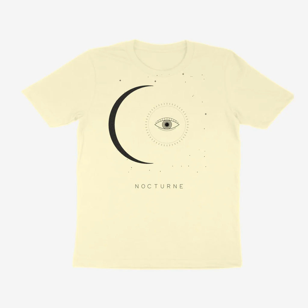 Oztra Nocturne cream tee, front view showing the Nocturne print