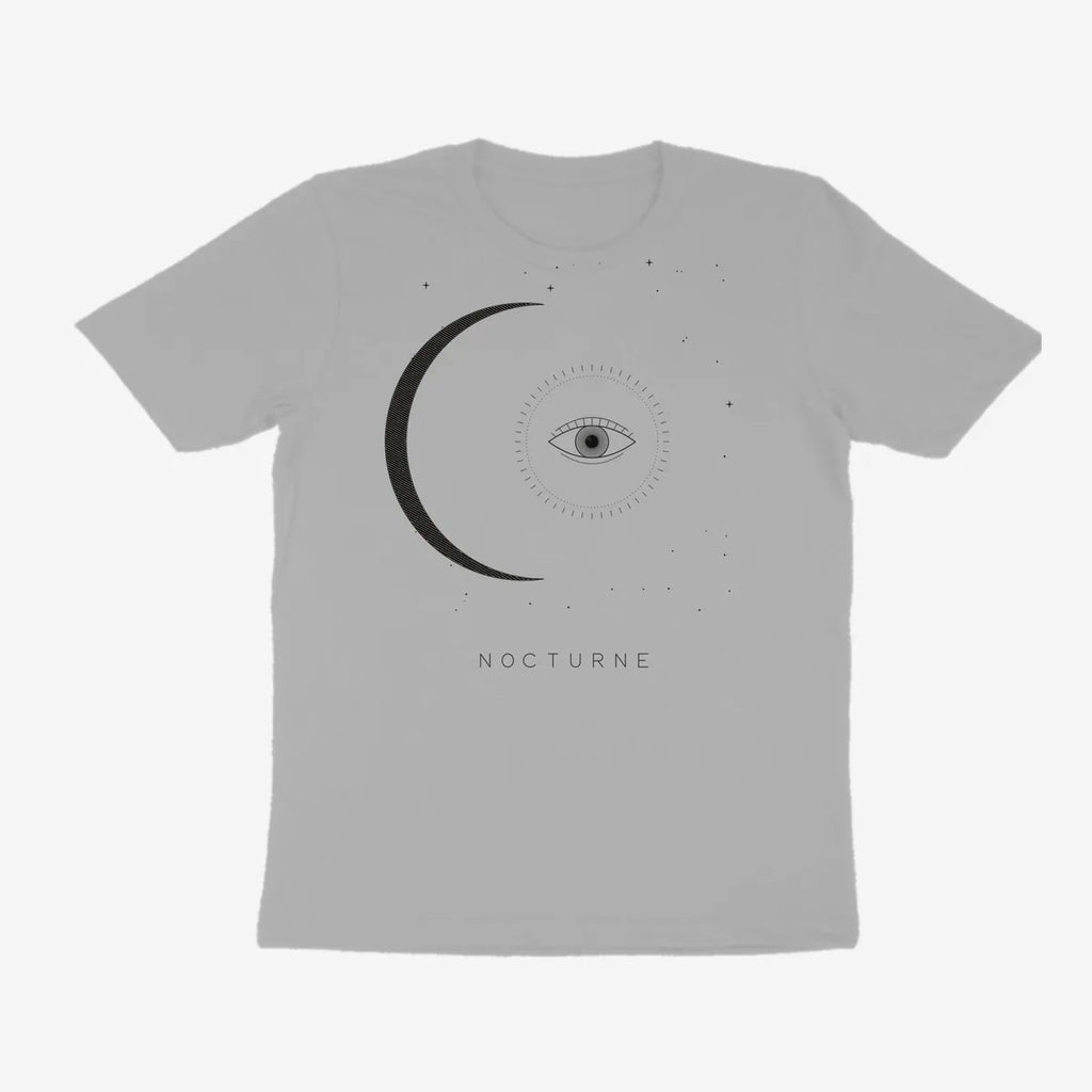 Oztra Nocturne grey melange tee, front view showing the Nocturne print