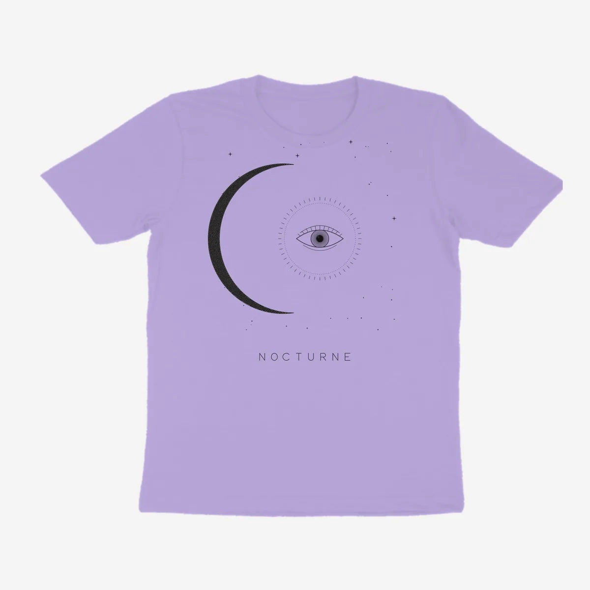 Oztra Nocturne lavender tee, front view showing the Nocturne print