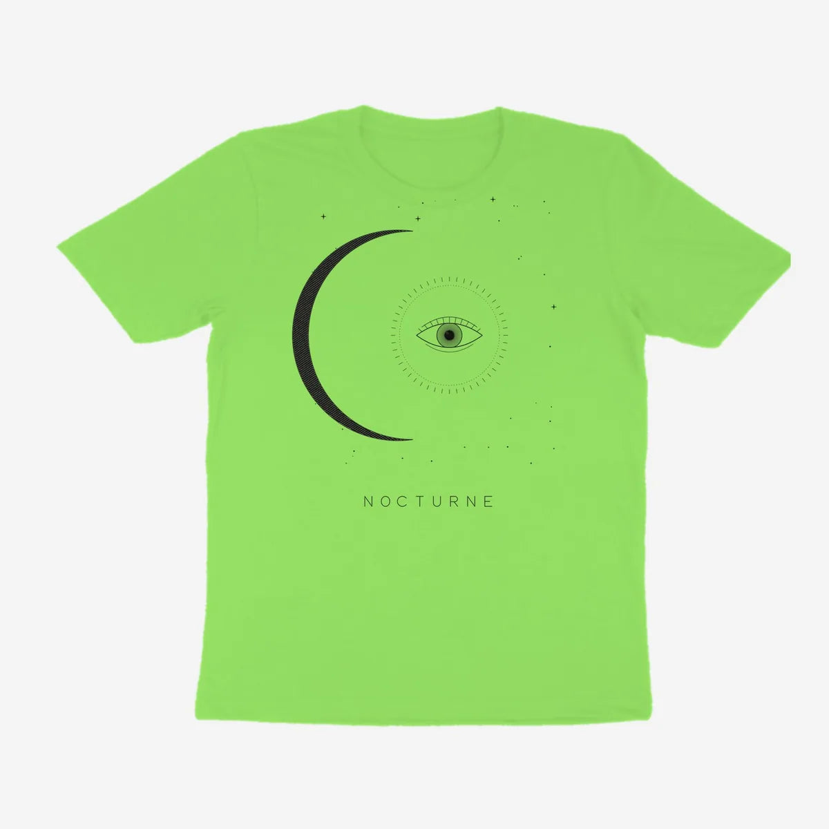 Oztra Nocturne lime green tee, front view showing the Nocturne print
