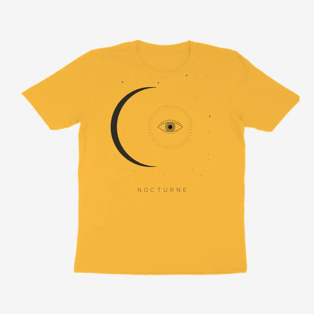Oztra Nocturne mustard tee, front view showing the Nocturne print
