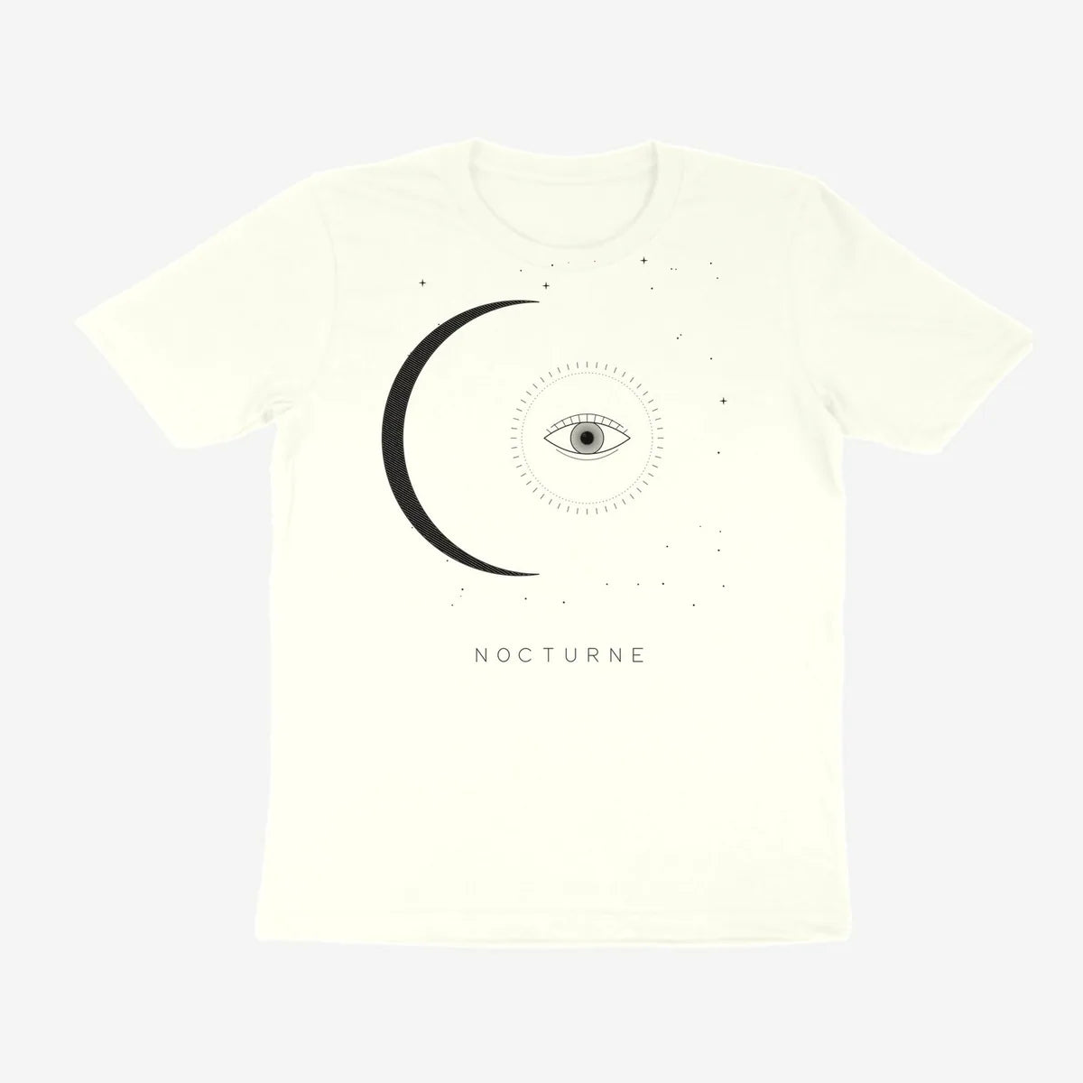 Oztra Nocturne off white tee, front view showing the Nocturne print