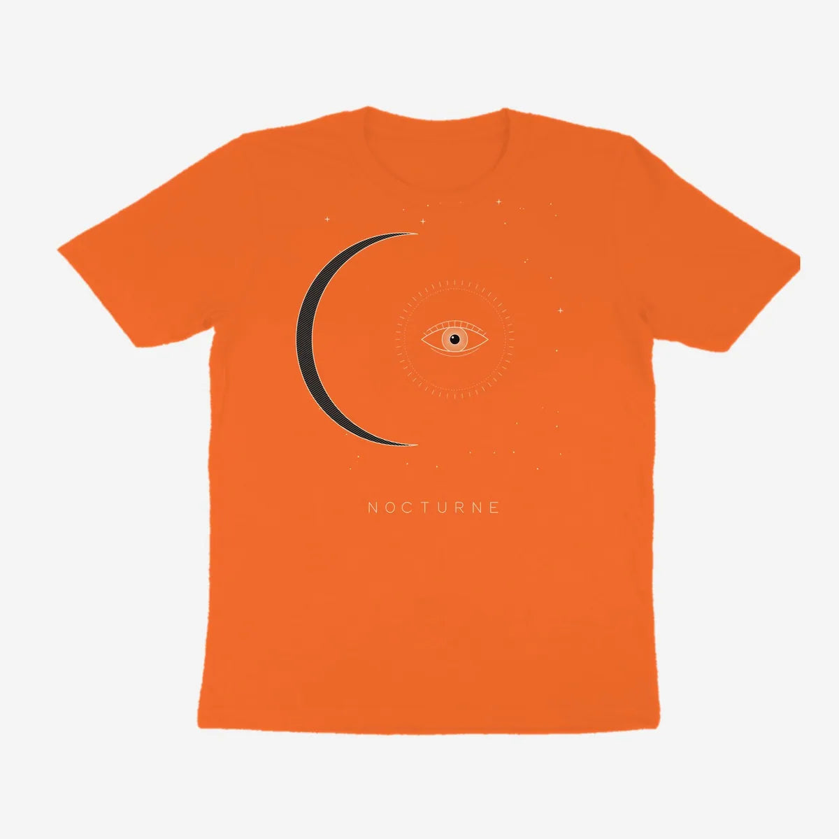 Oztra Nocturne orange tee, front view showing the Nocturne print