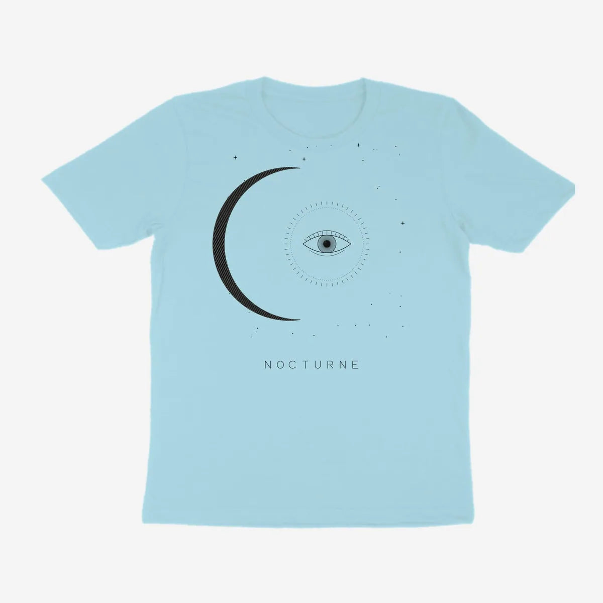Oztra Nocturne powder blue tee, front view showing the Nocturne print