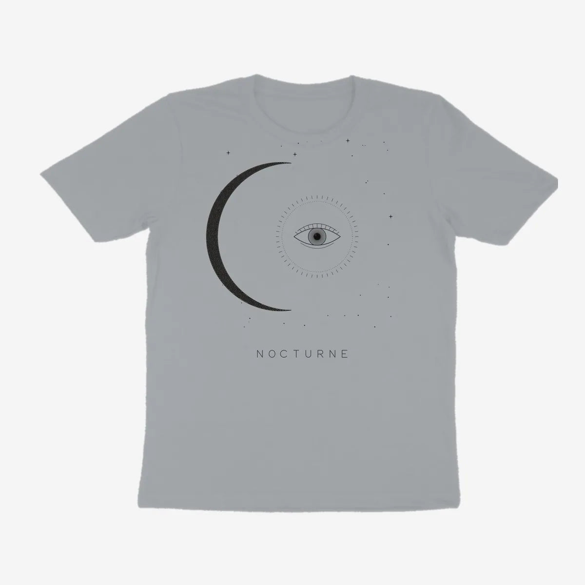 Oztra Nocturne silver grey tee, front view showing the Nocturne print