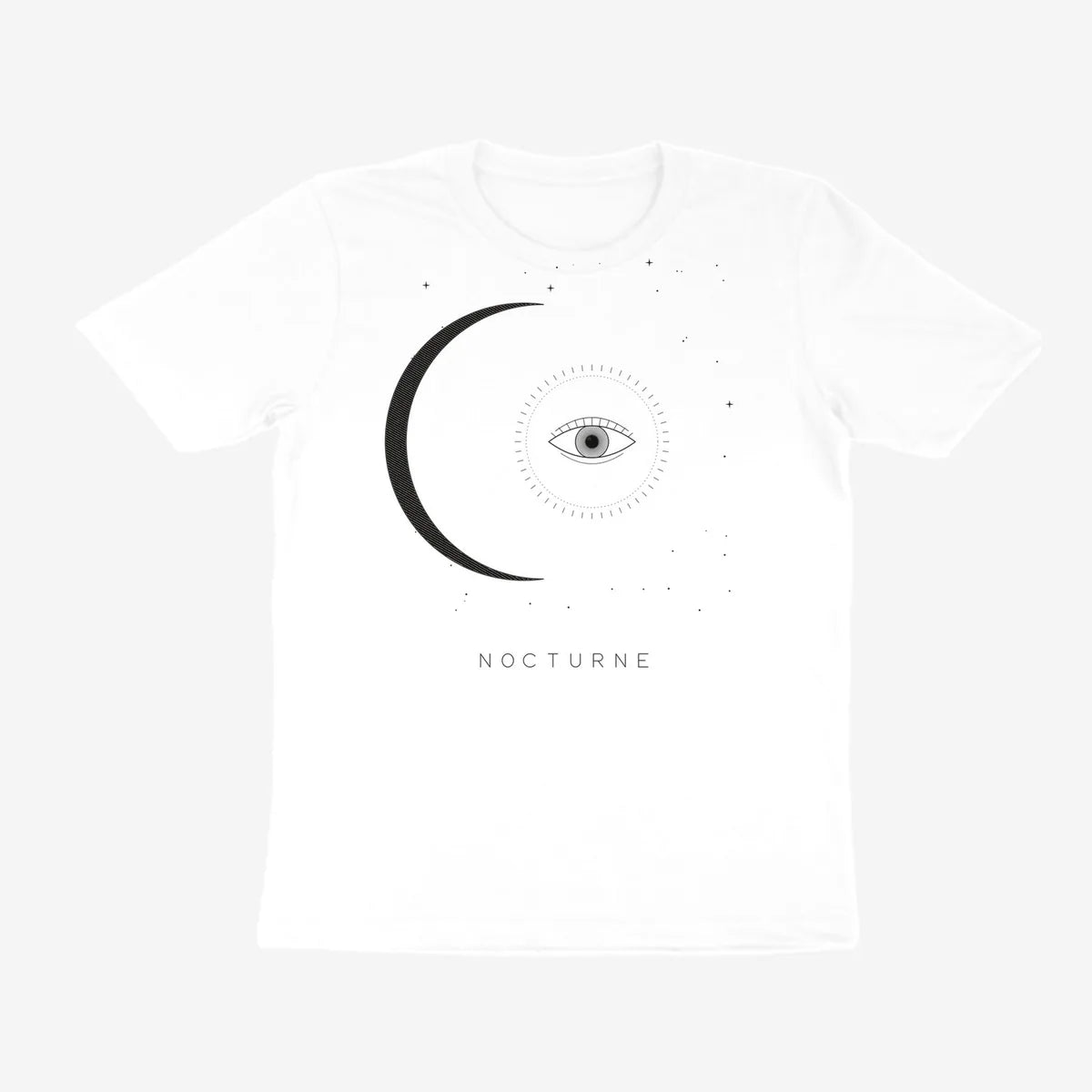 Oztra Nocturne white tee, front view showing the Nocturne print