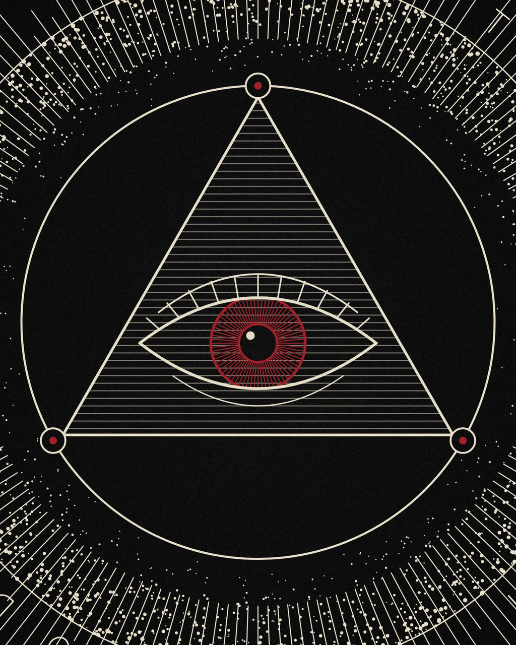 Close-up detail of the Oztra The Oracle linework showing bone engraving with a crimson iris