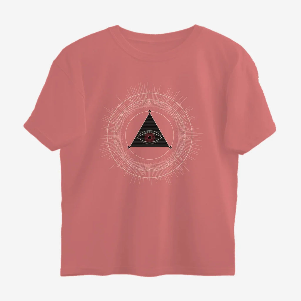 Oztra The Oracle dusty rose oversized tee, front view showing the The Oracle print