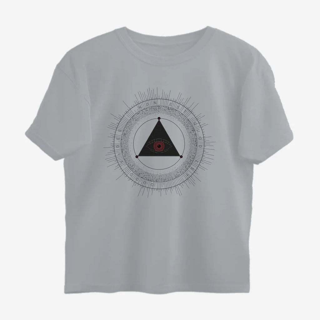 Oztra The Oracle grey melange oversized tee, front view showing the The Oracle print