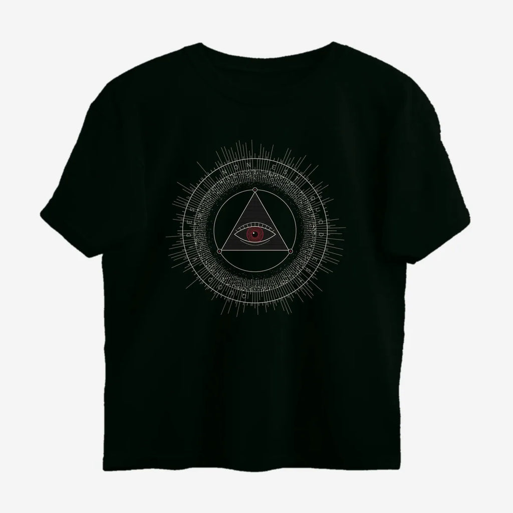 Oztra The Oracle jet black oversized tee, front view showing the The Oracle print