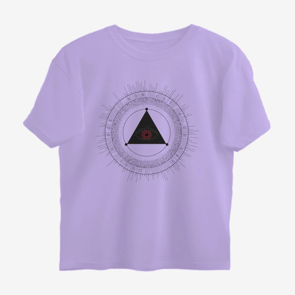 Oztra The Oracle lavender oversized tee, front view showing the The Oracle print