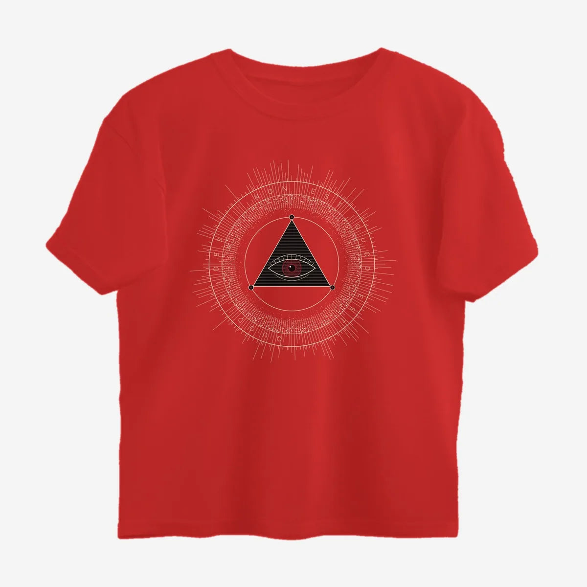 Oztra The Oracle red oversized tee, front view showing the The Oracle print
