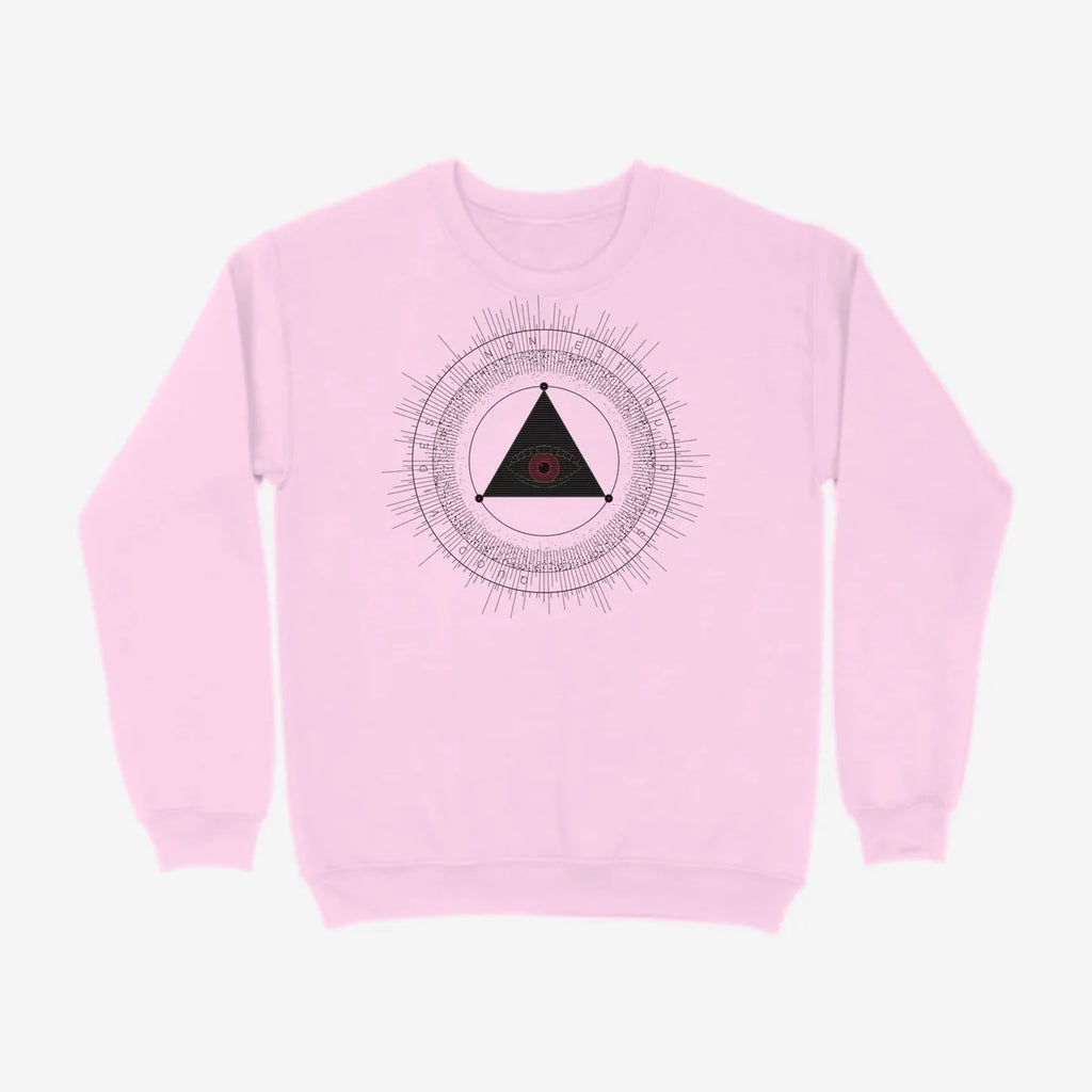Oztra The Oracle baby pink sweatshirt, front view showing the The Oracle print