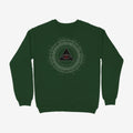 Oztra The Oracle bottle green sweatshirt, front view showing the The Oracle print