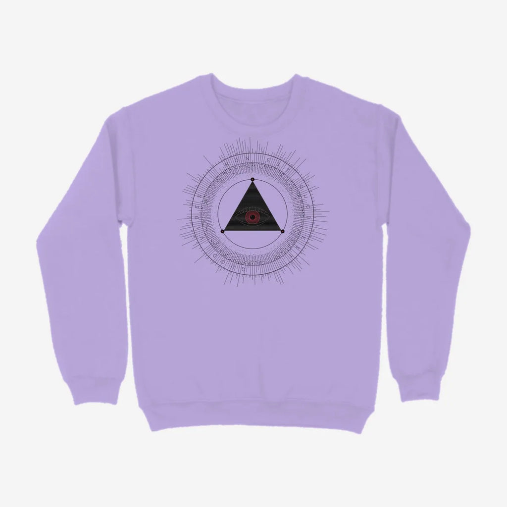 Oztra The Oracle lavender sweatshirt, front view showing the The Oracle print
