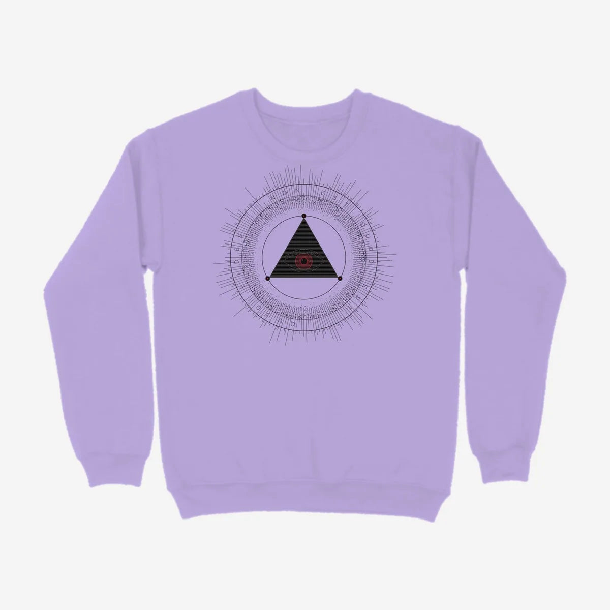 Oztra The Oracle lavender sweatshirt, front view showing the The Oracle print