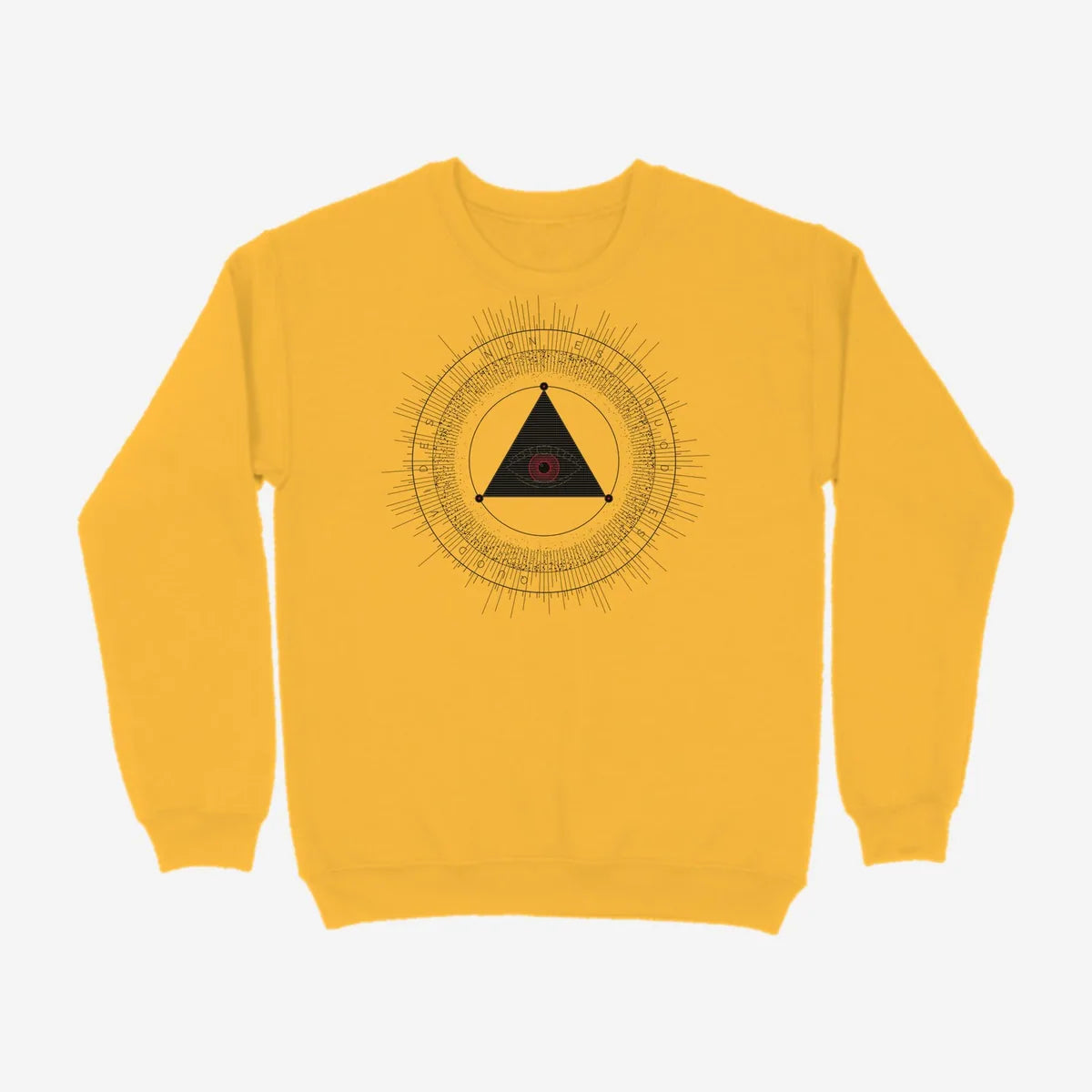 Oztra The Oracle mustard sweatshirt, front view showing the The Oracle print
