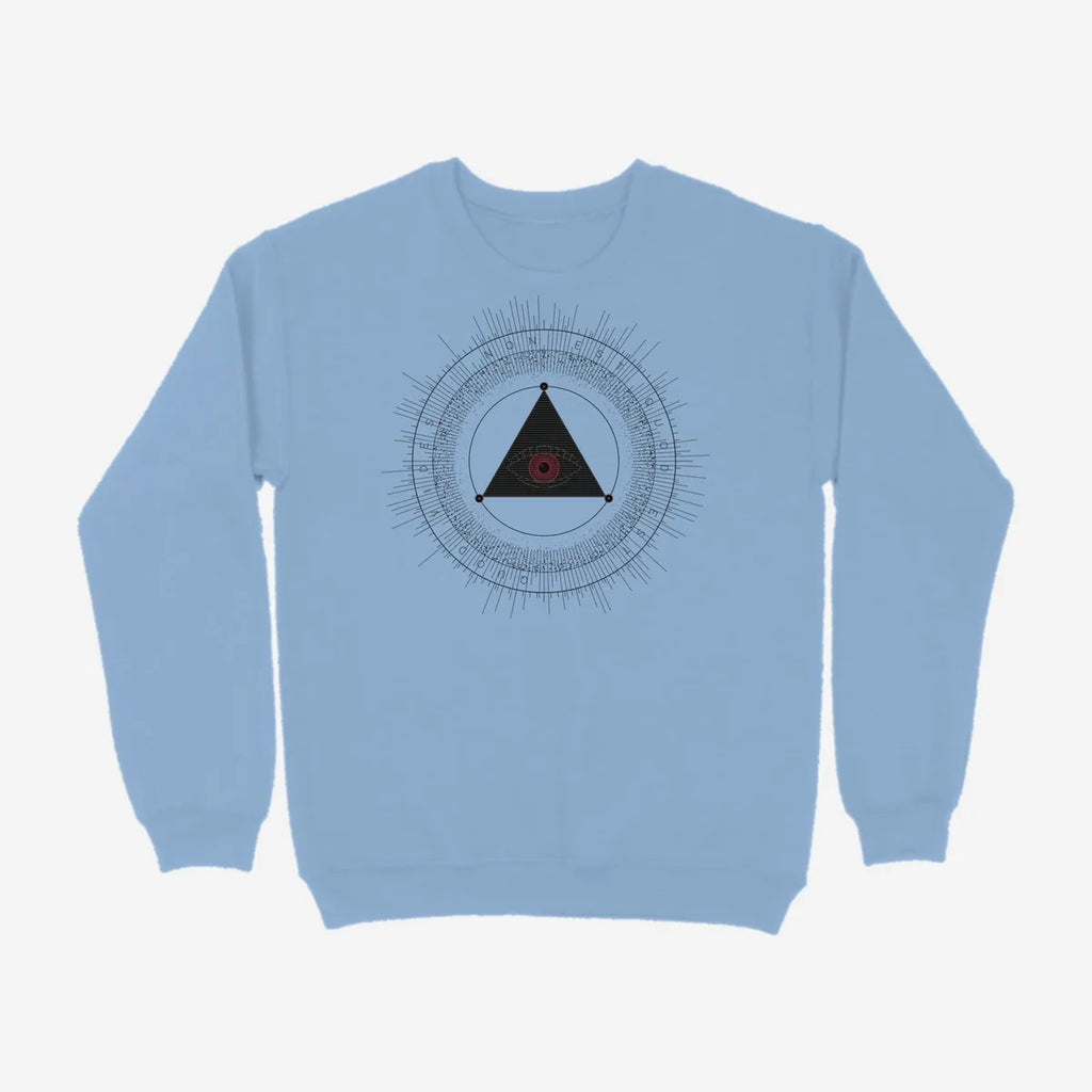Oztra The Oracle sky blue sweatshirt, front view showing the The Oracle print