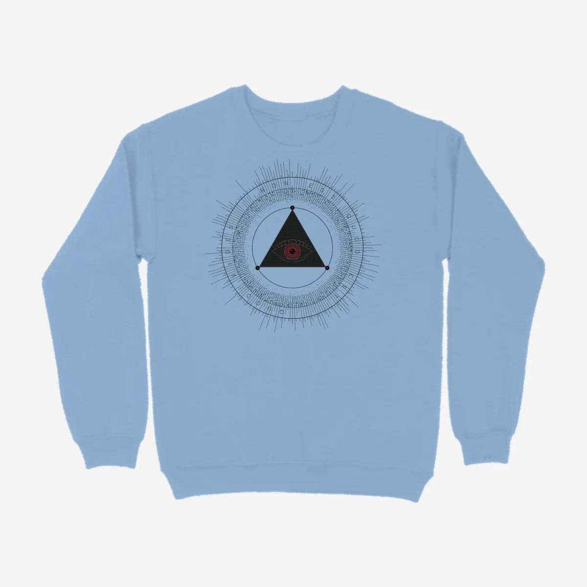 Oztra The Oracle sky blue sweatshirt, front view showing the The Oracle print