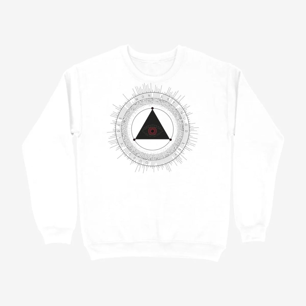Oztra The Oracle white sweatshirt, front view showing the The Oracle print